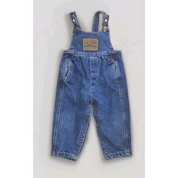 Vintage Guess Denim Overalls Leather Patch Clip Toddler Girl Boy 18 Months USA - Picture 1 of 9
